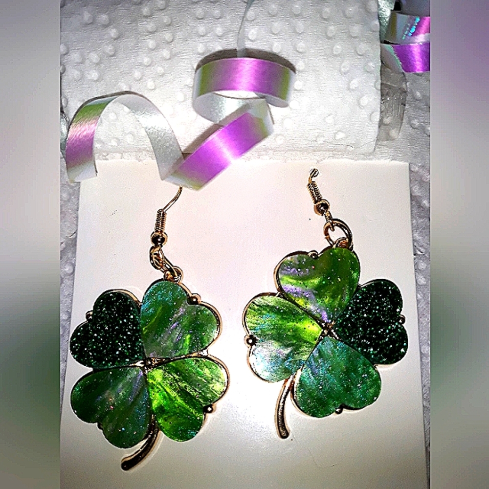 Clover Large Sparkly Dangle Earrings NEW